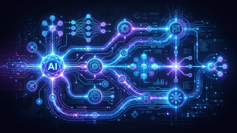 Ilustrace agentní AI: propojené uzly autonomního workflow