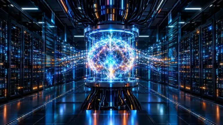 Futuristická vizualizace umělé inteligence a neurální sítě modelu Claude Opus 5.5