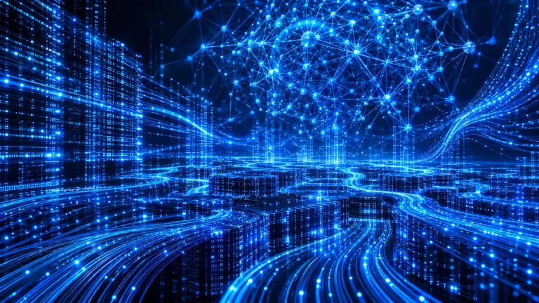 Abstraktní technologická vizualizace neuronových sítí a datových toků nového modelu Gemini 4 Argon