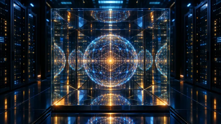 Iluze vědomí umělé inteligence v zrcadlovém sále serverovny – ilustrační grafika