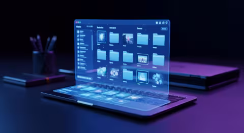 Digital workspace with holographic file icons and AI interface, no people