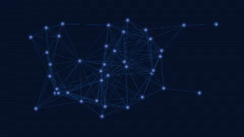 Abstraktní vizualizace AI v zdravotnictví, digitální síť modrých uzlů a spojení na tmavém pozadí