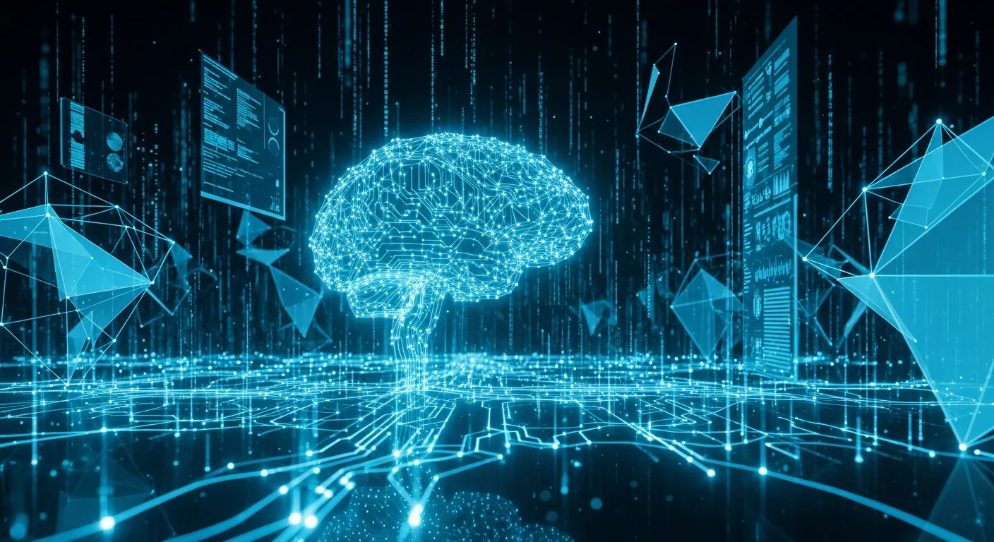 Abstraktní vizualizace AI asistenta pro programátory s holografickými datovými toky