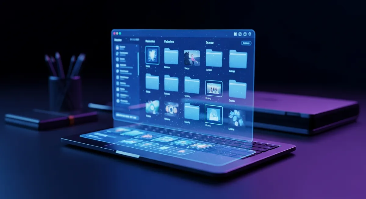 Digital workspace with holographic file icons and AI interface, no people