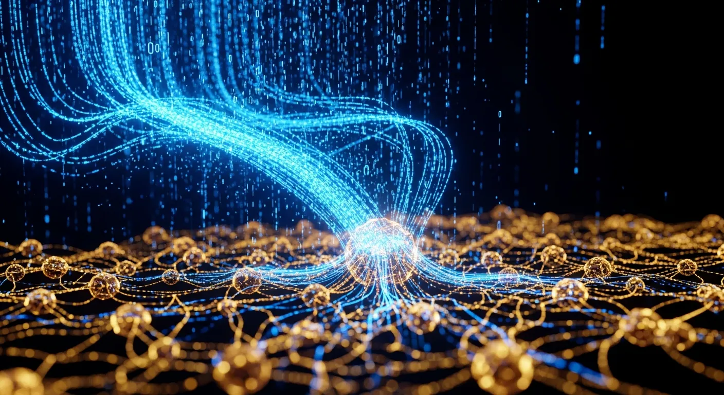 Abstraktní vizualizace AI generovaného kódu a neuronové sítě