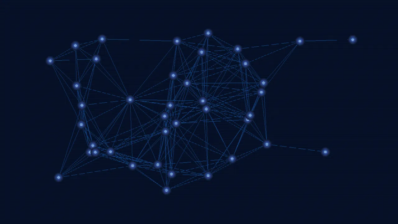 Abstraktní vizualizace AI v zdravotnictví, digitální síť modrých uzlů a spojení na tmavém pozadí