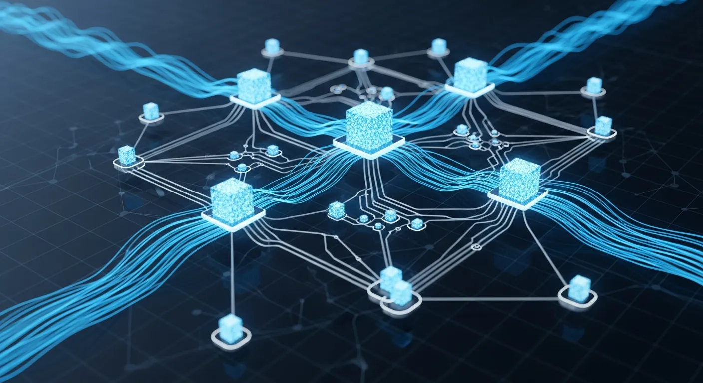 Abstraktní vizualizace propojených neuronových uzlů a datových toků, digitální AI koncept